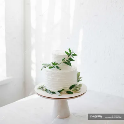 Двухслойный свадебный торт с глазурью и оливковой веткой. — слоистые, готовые к употреблению - Stock Photo | #472519514