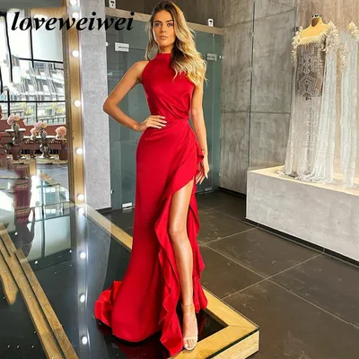 Женское атласное вечернее платье со шлейфом Loveweiwei, красное платье с  лямкой на шее и Боковым Разрезом, на молнии, с оборками сзади, платье для  выпусквечерние вечера - купить по выгодной цене | AliExpress