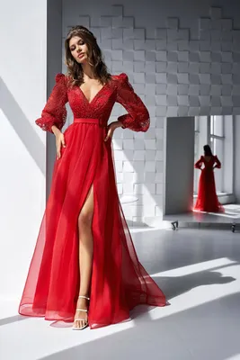 Вечернее красное платье с длинными рукавами Sellini Indi | Купить вечернее  платье в салоне Валенсия (Москва)
