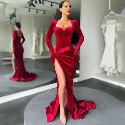 Женское вечернее платье-русалка, красное платье с длинным рукавом и  разрезом сбоку, для выпускного вечера, 2021 - купить по выгодной цене |  AliExpress