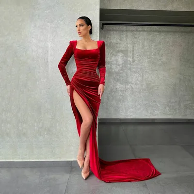 Женское бархатное платье-Русалка UZN, темно-красное вечернее платье с  длинными рукавами и высоким разрезом, платье для выпускного вечера, 2022 -  купить по выгодной цене | AliExpress