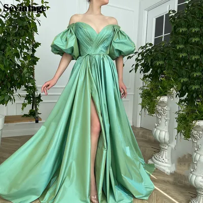 Женское вечернее платье Sevintage, из тафты изумрудно-зеленого цвета,  вечерние пышными рукавами, с высоким разрезом, для выпускного вечера,  размера плюс - купить по выгодной цене | AliExpress