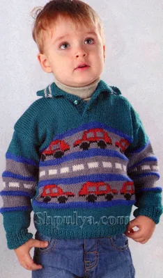 Синий пуловер с машинкой для мальчика, вязаный спицами — Shpulya.com -  схемы с описанием для вязания спицами и крючком