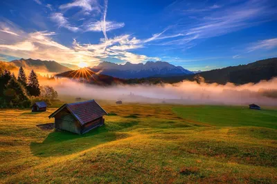 Фотографии Бавария Германия Горы Природа Небо Пейзаж Дома 1920x1080