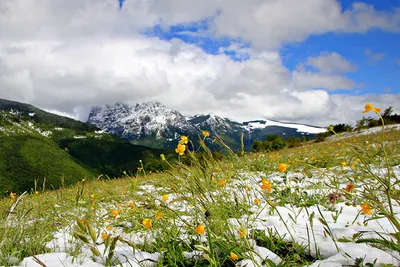 Фотография гора Весна Природа Небо Луга снега Облака