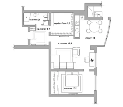 План 2 х комнатной квартиры, преобразованной в студию