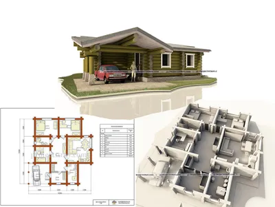 Деревянный дом с гаражом из бревна и одним этажом