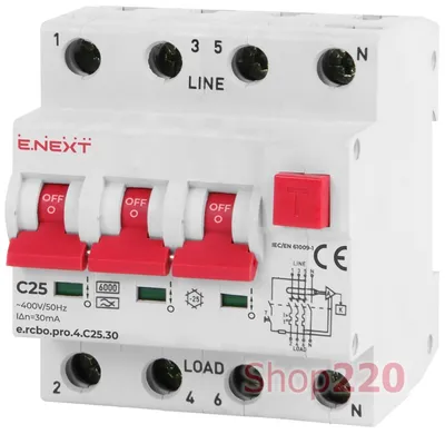 Трехфазный дифавтомат 25А, 30мА, хар-ка С, тип А, e.rcbo.pro.4.С25.30 Enext  p0720016 купить в Киеве (Украина)