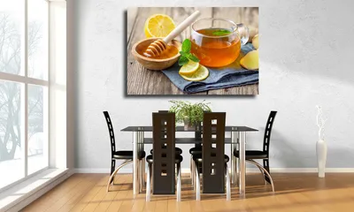 Картина для кухни на холсте \"Стеклянная чашка чая с лимоном, мятой, имбирем  и медом на деревянном столе\" 45х30: продажа, цена в Одессе. Фотокартины,  постеры от \"Картина Принт, печать на холсте фотокартин\"