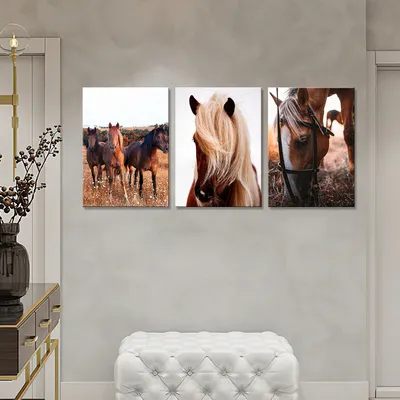 Интерьерная Модульная картина на холсте на стену/ лошади (3 модуля-общий  размер 70х150) - купить по низкой цене в интернет-магазине OZON