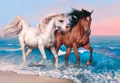 Пазл пара лошадей (картина, пара, лошади, море, берег, волны, небо) -  разгадать онлайн из раздела \"Картины\" бесплатно