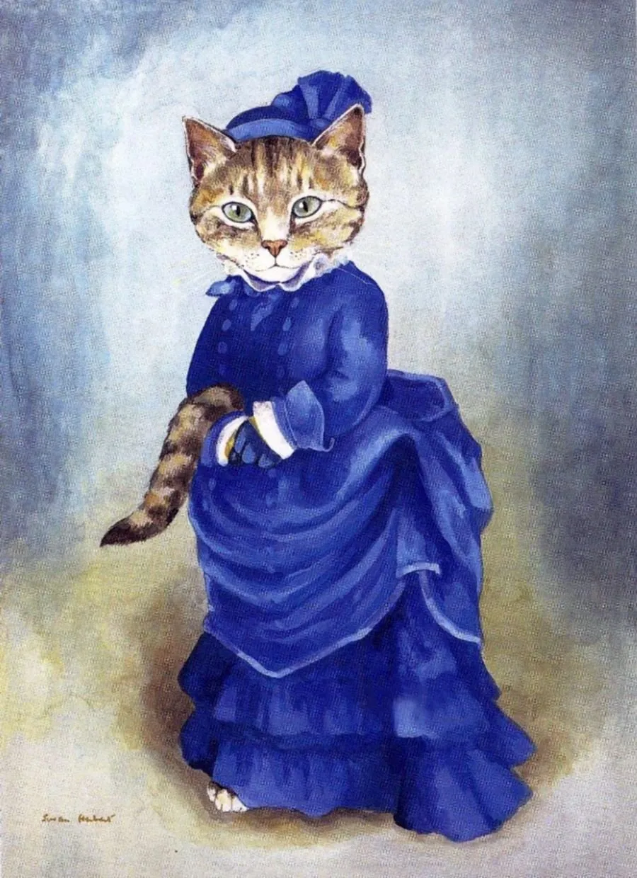 Кошечка в платье. Сьюзан Херберт кошка ангел. Английская художница Susan Herbert (Сьюзан Херберт). Кошка в платье. Кошка в синем платье.