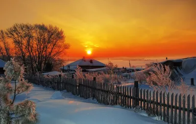 Обои зима, закат, деревня картинки на рабочий стол, раздел пейзажи - скачать