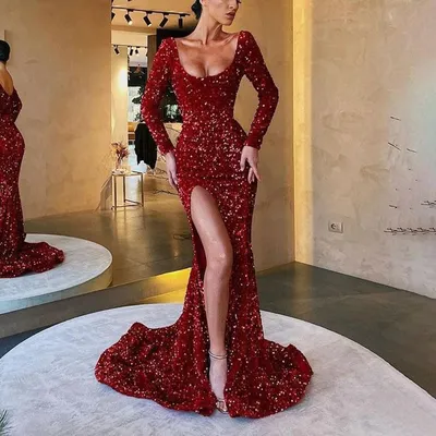 Женское вечернее платье с блестками, ярко-красное платье с длинным рукавом  и квадратным вырезом, с разрезом, с юбкой-годе, 2023 - купить по выгодной  цене | AliExpress