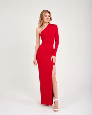 Красное платье в пол с асимметричным вырезом