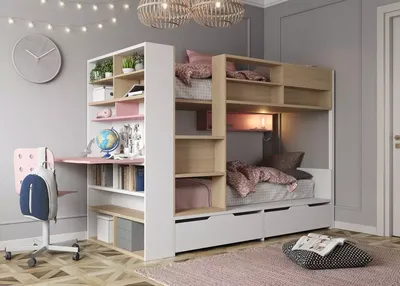 Купить детские двухъярусные кровати со столом и шкафом от производителя —  на заказ по индивидуальным размерам. Фабрика мебели Mr.Doors