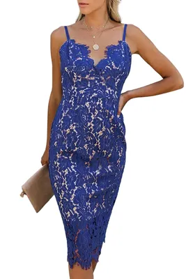 Синее кружевное платье-футляр на бретельках и с цветочным узором арт.130316  - купить в Краснодаре