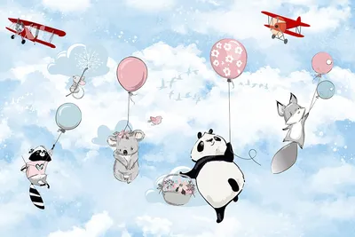 Купить обои Милые зверята в небе на шарах с самолетами в интернет-магазине  в Москве от производителя Designecoprint