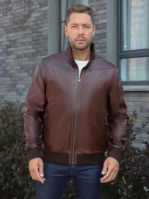 Мужская короткая кожаная куртка на трикотажной резинке купить в Москве