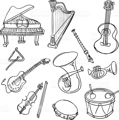 11 sketch drawing of Musical Instrument . It includes Piano, trumpet,... |  Тетрадь по музыке, Флейта, Графика