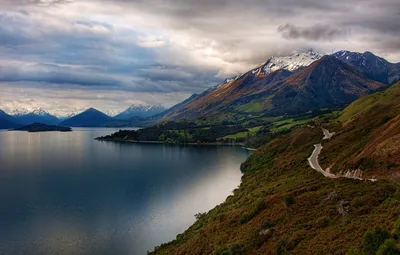 Обои дорога, снег, деревья, пейзаж, горы, природа, озеро, остров, Новая  Зеландия, New Zealand картинки на рабочий стол, раздел пейзажи - скачать