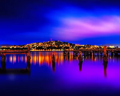 Обои Новая Зеландия, Веллингтон, город, ночь, огни, река, причал 1920x1200  HD Изображение