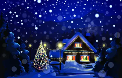 Обои зима, снег, пейзаж, ночь, природа, праздник, елка, дома, Новый Год,  Рождество, Christmas, New Year, елочные картинки на рабочий стол, раздел  новый год - скачать