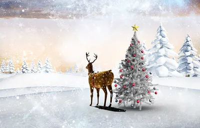 Картинка Олени Рождество ели Зима Елка Природа снегу Шарики