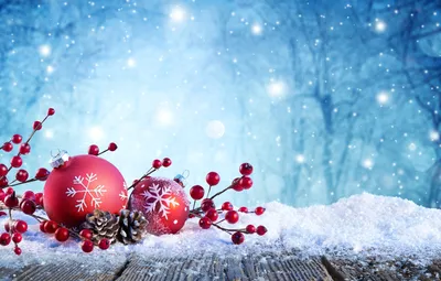 Обои зима, снег, деревья, снежинки, ветки, природа, блики, праздник, шары,  игрушки, ягода, красные, Новый год, шишки, боке, новогодние картинки на  рабочий стол, раздел новый год - скачать
