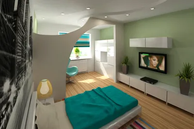 Интерьер комнаты в однокомнатной квартире с кроватью, примеры дизайна с  двуспальной кроватью