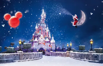 Обои снег, огни, замок, праздник, волшебство, луна, Париж, Рождество,  фонари, Новый год, Диснейленд, Санта Клаус, гирлянды, Disneyland Paris  картинки на рабочий стол, раздел новый год - скачать