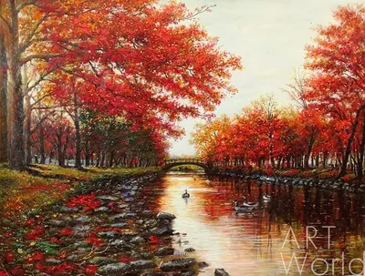 Осенний пейзаж маслом \"Парковый пруд на закате\" 60x80 SK190716 купить в  Москве