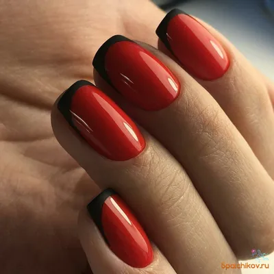 Перламутровый красный с черным френч - фото дизайна ногтей
