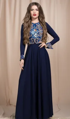 Синее платье из павловопосадского платка в Русском стиле в макси длине
