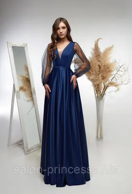 Вечернее темно-синее нарядное атласное выпускное платье с длинным пышным  рукавом + др. оттенки (Т-2020-6), цена 5590 грн — Prom.ua (ID#1108322974)