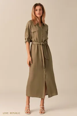 Длинное оливковое платье-рубашка с поясом 0152025553-13 - купить в  интернет-магазине LOVE REPUBLIC по цене: 1 678 руб