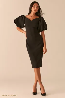Черное платье-футляр с глубоким декольте и открытыми плечами 0357234520-50  - купить в интернет-магазине LOVE REPUBLIC по цене: 5 696 руб