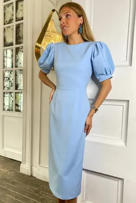 Платье-миди из вискозы с объемными рукавами 00001611 голубой купить в  интернет-магазине Post Meridiem
