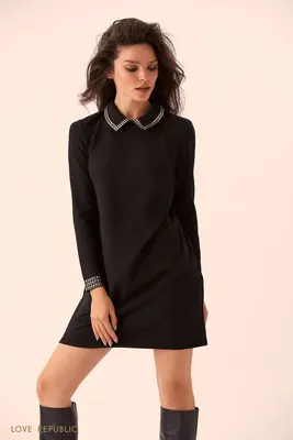 Прямое чёрное платье с отложным воротником 9359066532-50 - купить в  интернет-магазине LOVE REPUBLIC по цене: 1 468 руб
