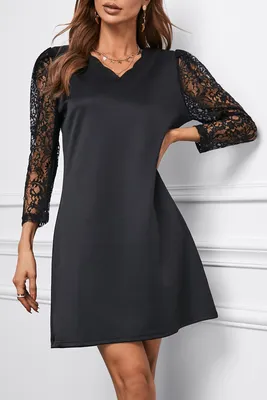 Черное платье прямого кроя с V-образным вырезом и кружевными рукавами  арт.172795 - купить в Тюмени