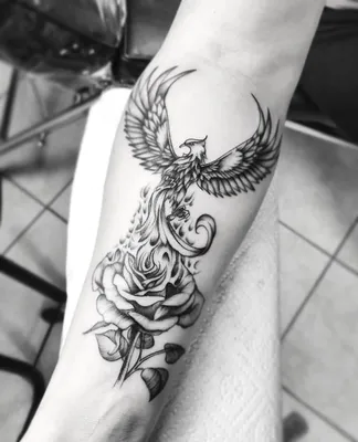 Феникс и роза, тату на предплечье у девушки - фото татуировок
