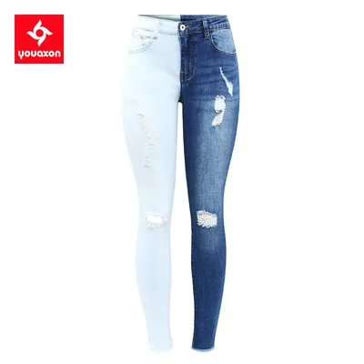 2415 Youaxon, большие размеры, двухцветные рваные джинсы на коленях в стиле  пэчворк, женские эластичные состаренные джинсовые брюки, джинсы для женщин  - купить по выгодной цене | AliExpress