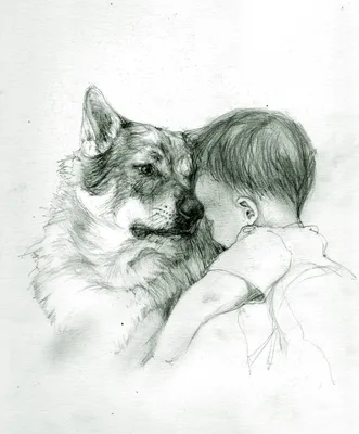 Мальчик с собакой, рисунок карандашом | Пикабу