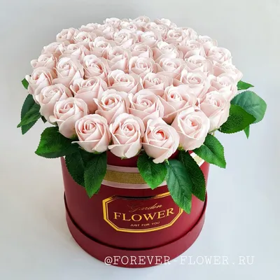 45 Нежно-розовых мыльных роз в бордовой коробке. - Forever-Flower