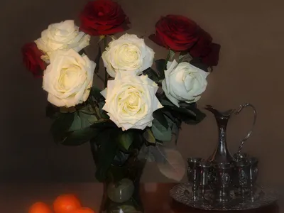 Картинки красные и белые в вазе Розы Цветы