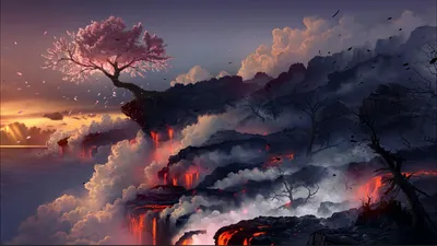 Живые обои Sakura on the volcano - Wallpaper Engine