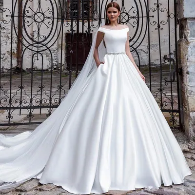 Новинка 2019, элегантные атласные свадебные платья с бисером и поясом, свадебные  платья больших размеров с открытыми плечами и шлейфом - купить по выгодной  цене | AliExpress