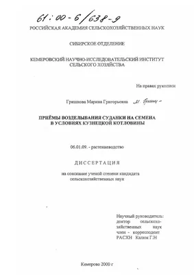 Диссертация на тему \"Приемы возделывания суданки на семена в условиях  Кузнецкой котловины\