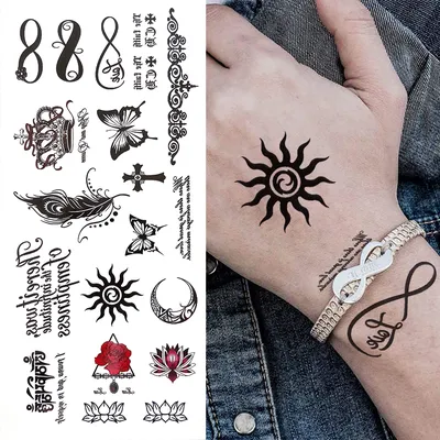 Временные татуировки для мужчин, детей, женщин, Черное солнце, бесконечность,  Корона-бабочка, искусственная тату-наклейка, тату для рук и лица, маленькие  руки - купить по выгодной цене | AliExpress