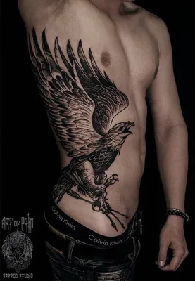 Орел со стрелами, тату на ребрах у парня - фото татуировок